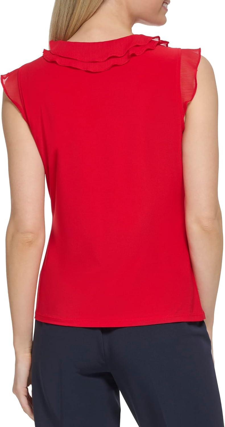 imageTommy Hilfiger Womens Sleeveless Mix Media Ruffle Front BlouseRed