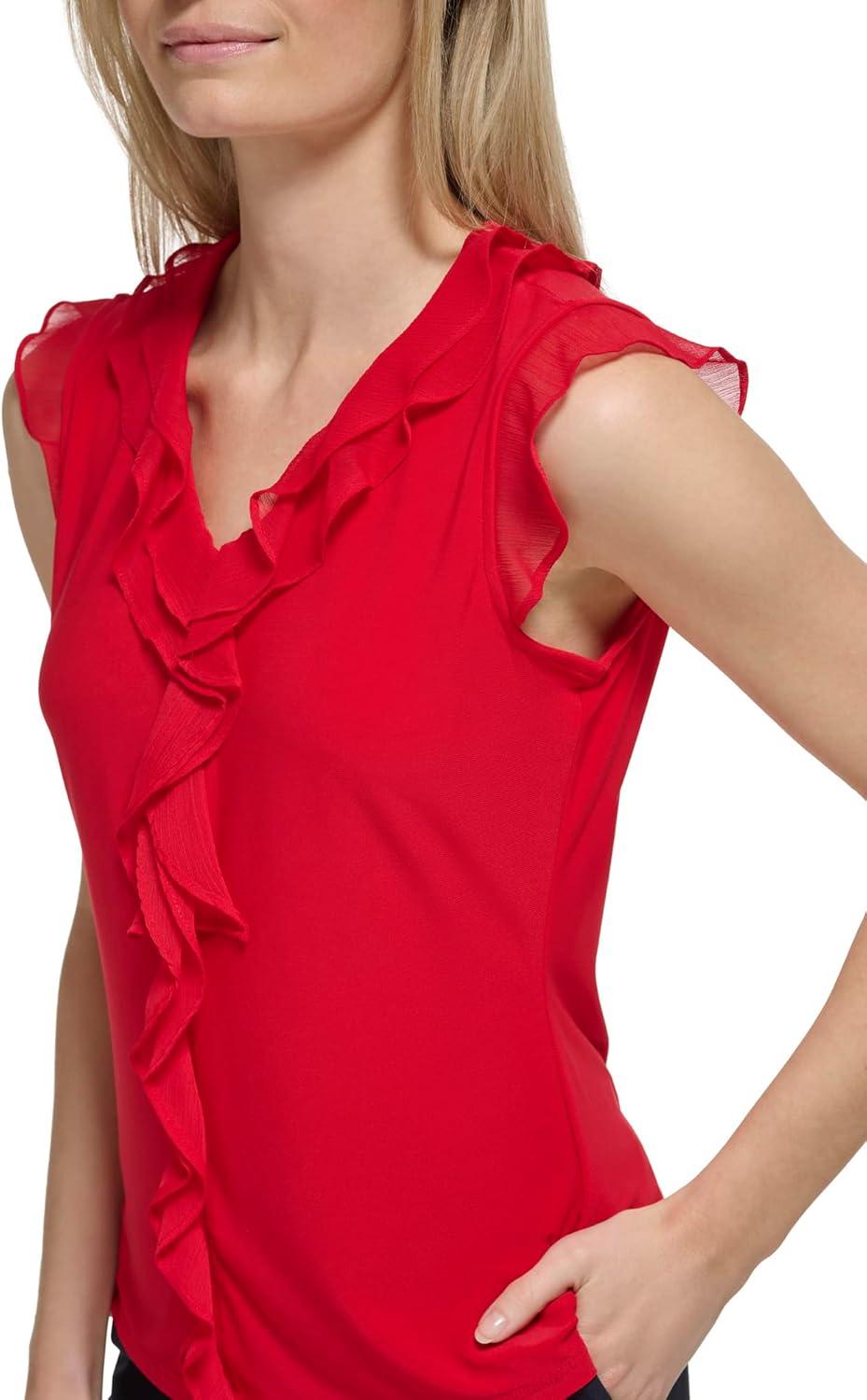 imageTommy Hilfiger Womens Sleeveless Mix Media Ruffle Front BlouseRed