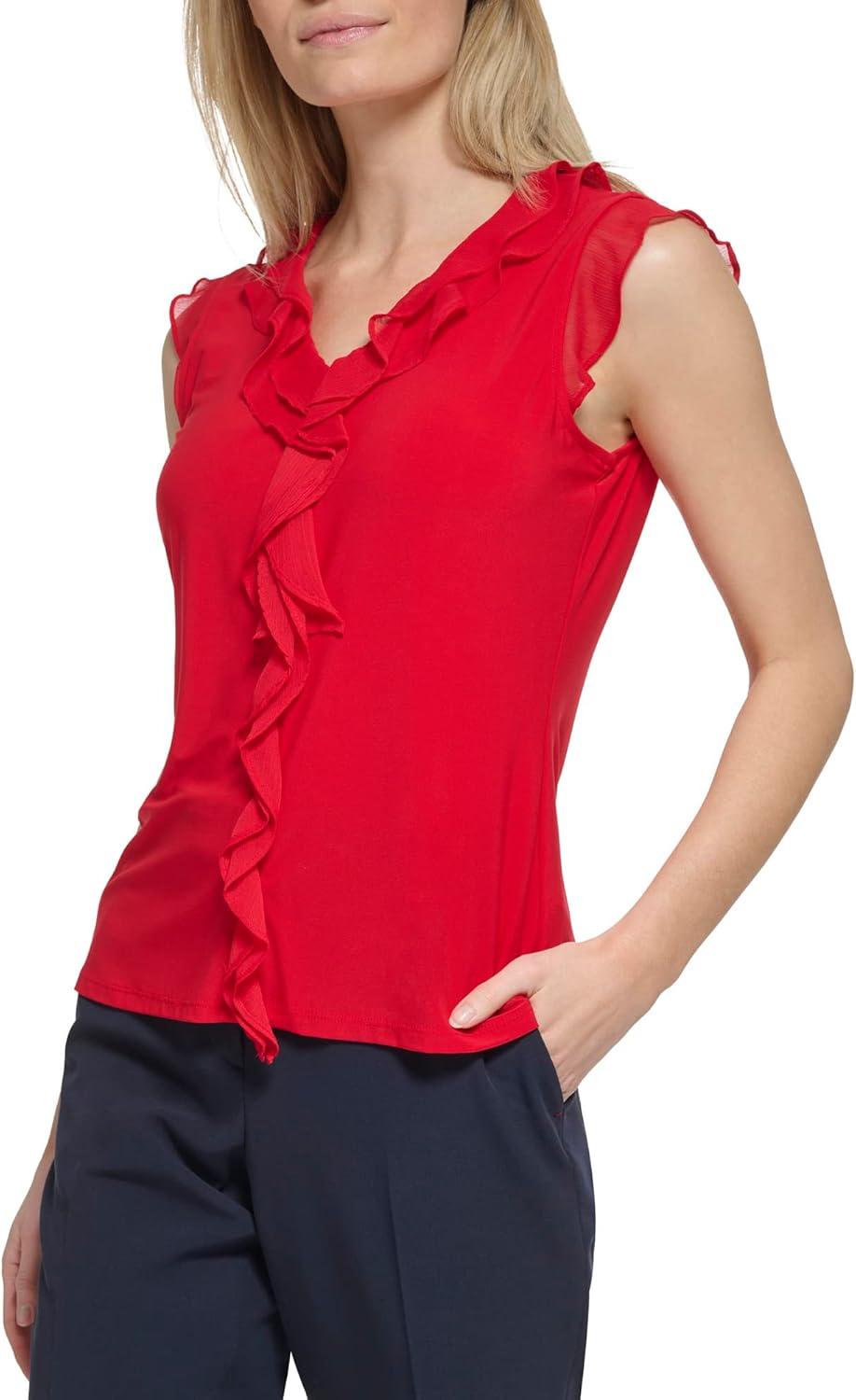 imageTommy Hilfiger Womens Sleeveless Mix Media Ruffle Front BlouseRed