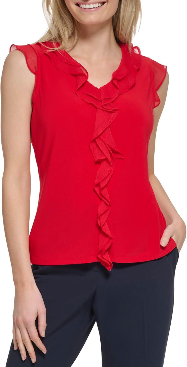 imageTommy Hilfiger Womens Sleeveless Mix Media Ruffle Front BlouseScarlet