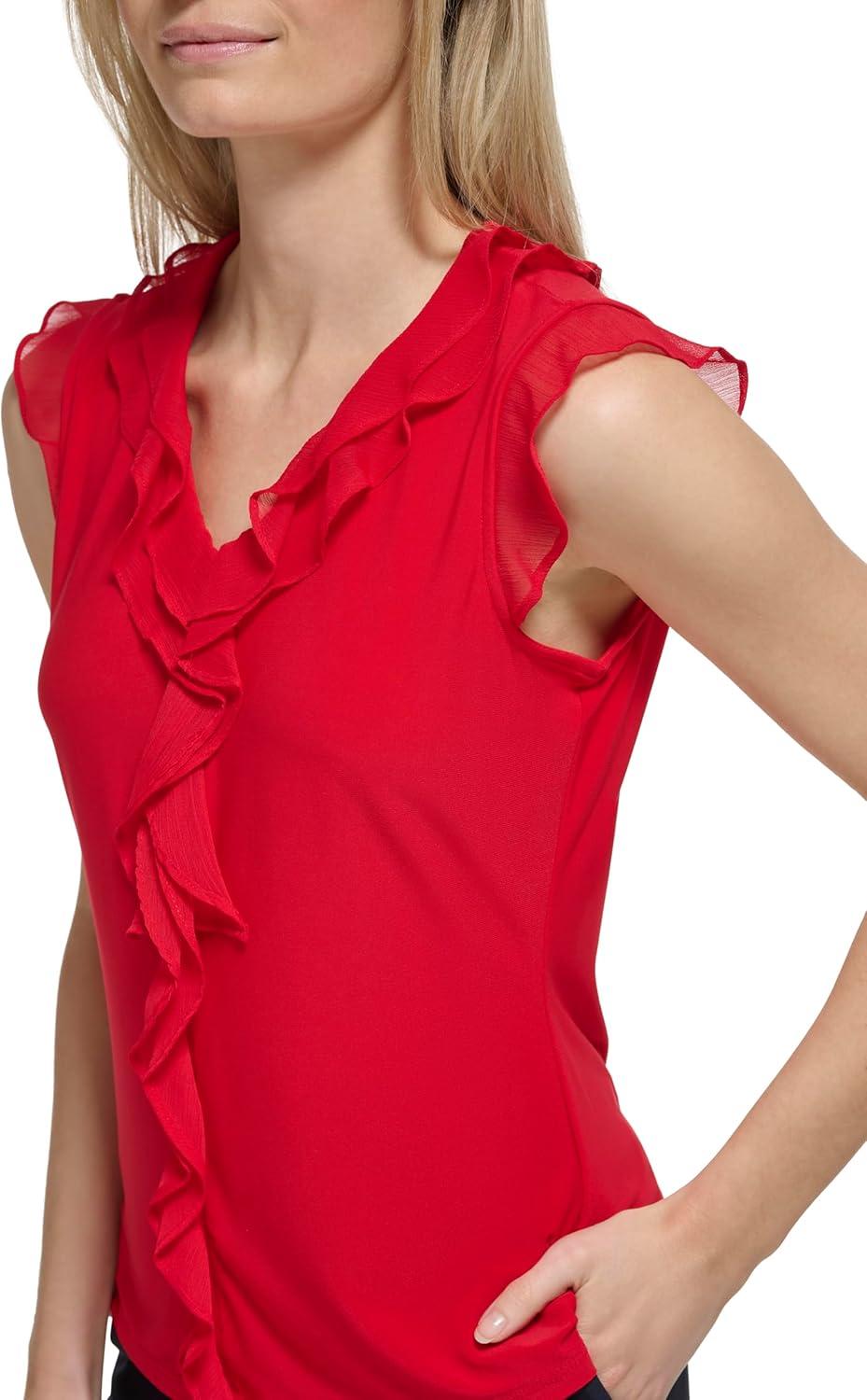 imageTommy Hilfiger Womens Sleeveless Mix Media Ruffle Front BlouseScarlet