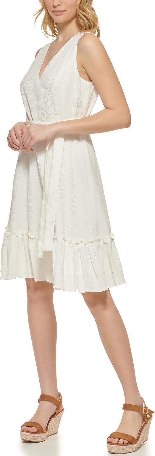 imageTommy Hilfiger Womens Sleeveless VNeck Ruffle Hem Tie Waist Mini DressIvory