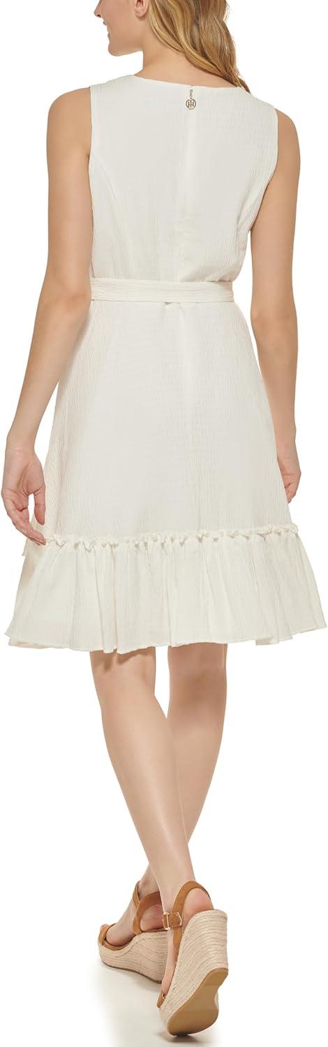 imageTommy Hilfiger Womens Sleeveless VNeck Ruffle Hem Tie Waist Mini DressIvory