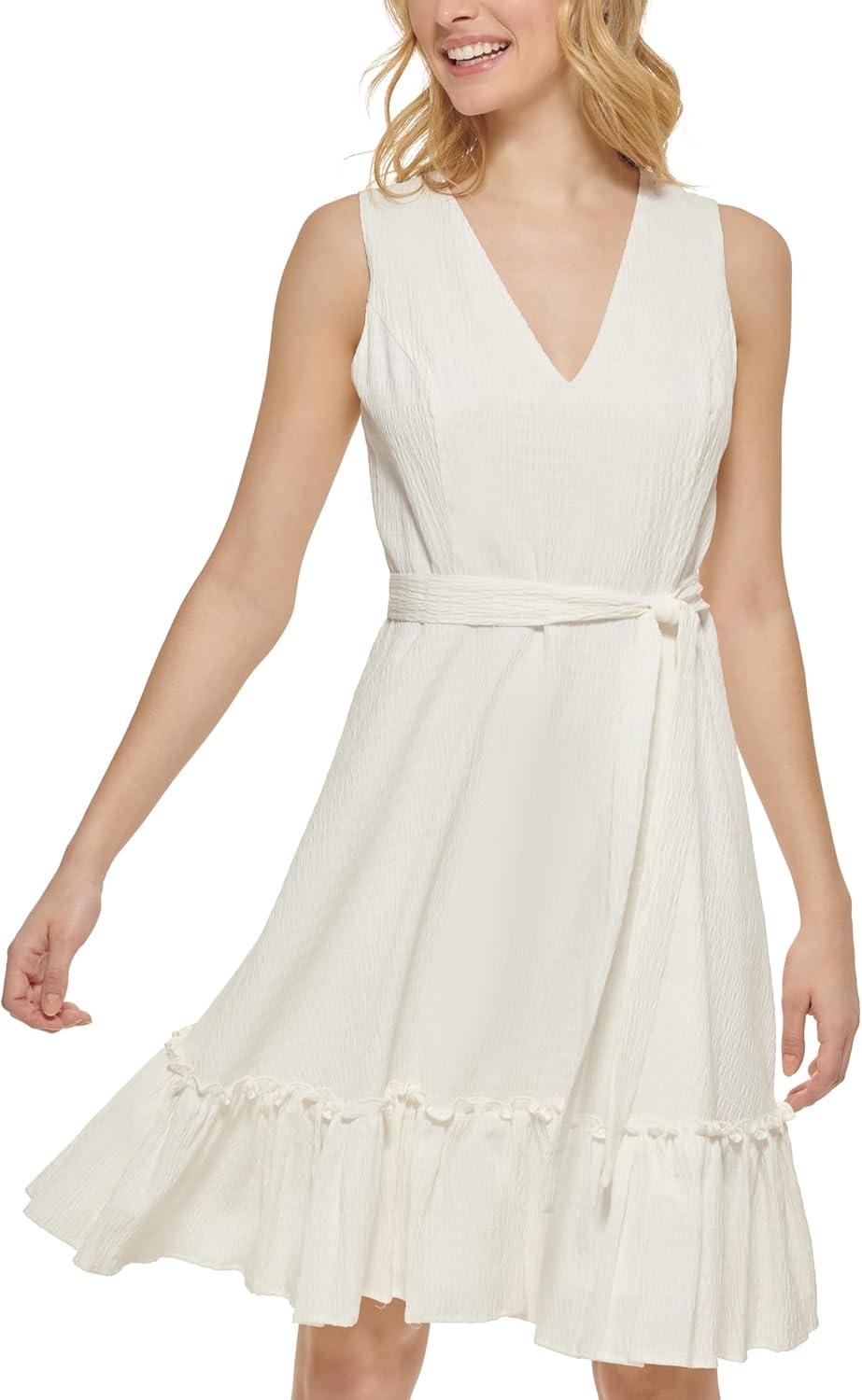 imageTommy Hilfiger Womens Sleeveless VNeck Ruffle Hem Tie Waist Mini DressIvory