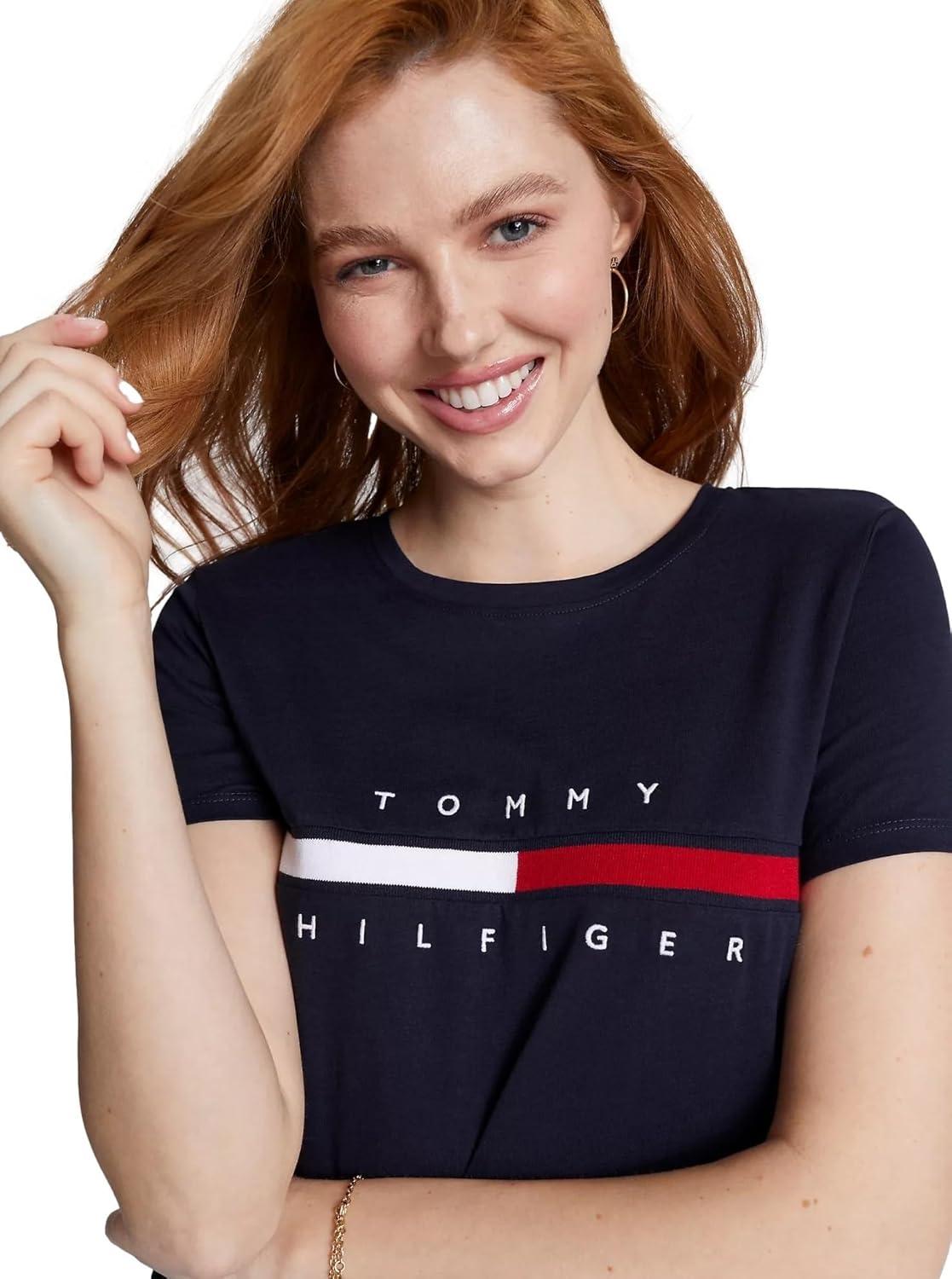 imageTommy Hilfiger Womens Striped Logo Graphic TShirtEmbroideredflag Desert Sky Navy