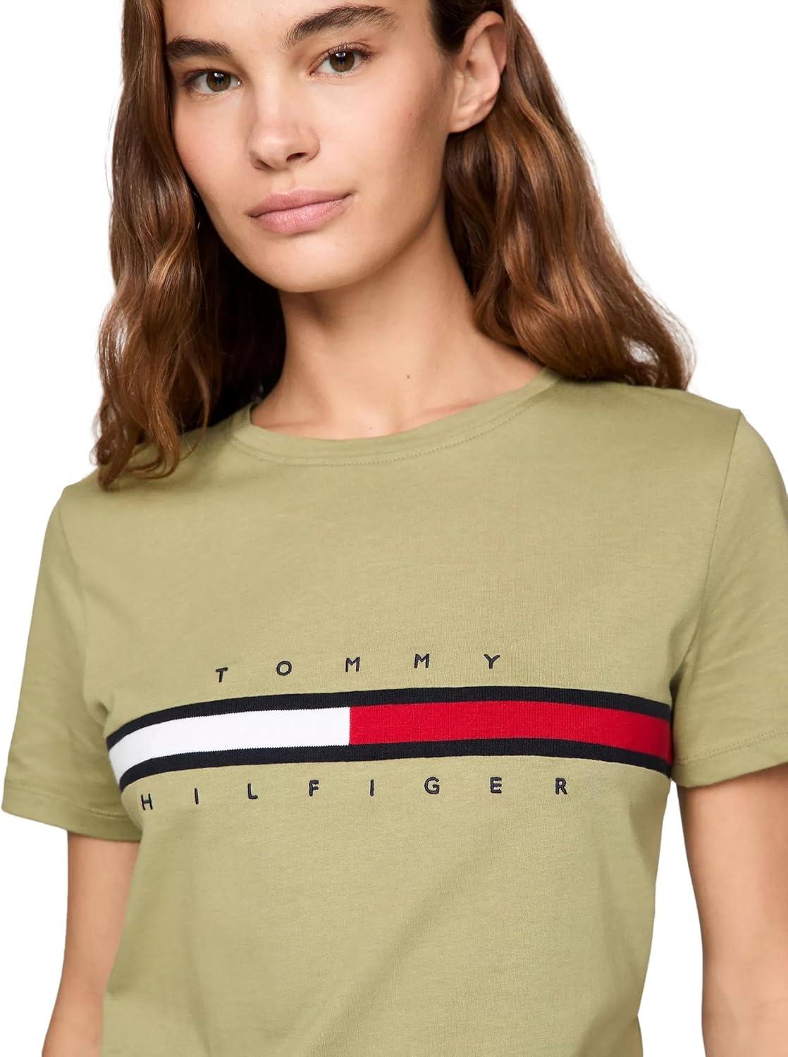imageTommy Hilfiger Womens Striped Logo Graphic TShirtEmbroideredflag Faded Olive