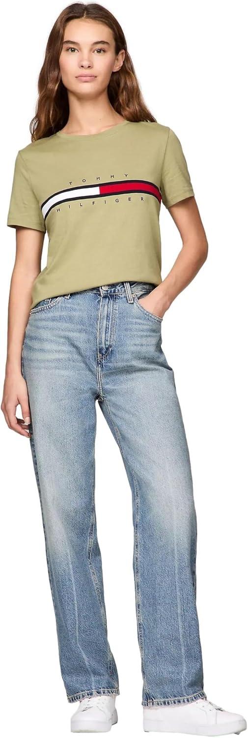 imageTommy Hilfiger Womens Striped Logo Graphic TShirtEmbroideredflag Faded Olive