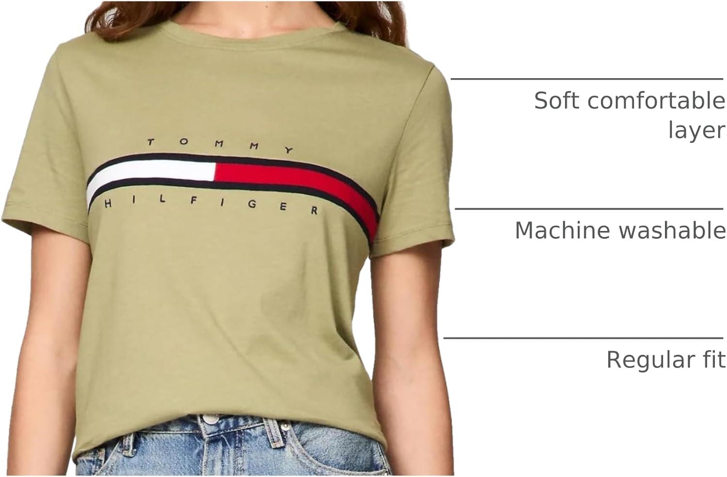 imageTommy Hilfiger Womens Striped Logo Graphic TShirtEmbroideredflag Faded Olive