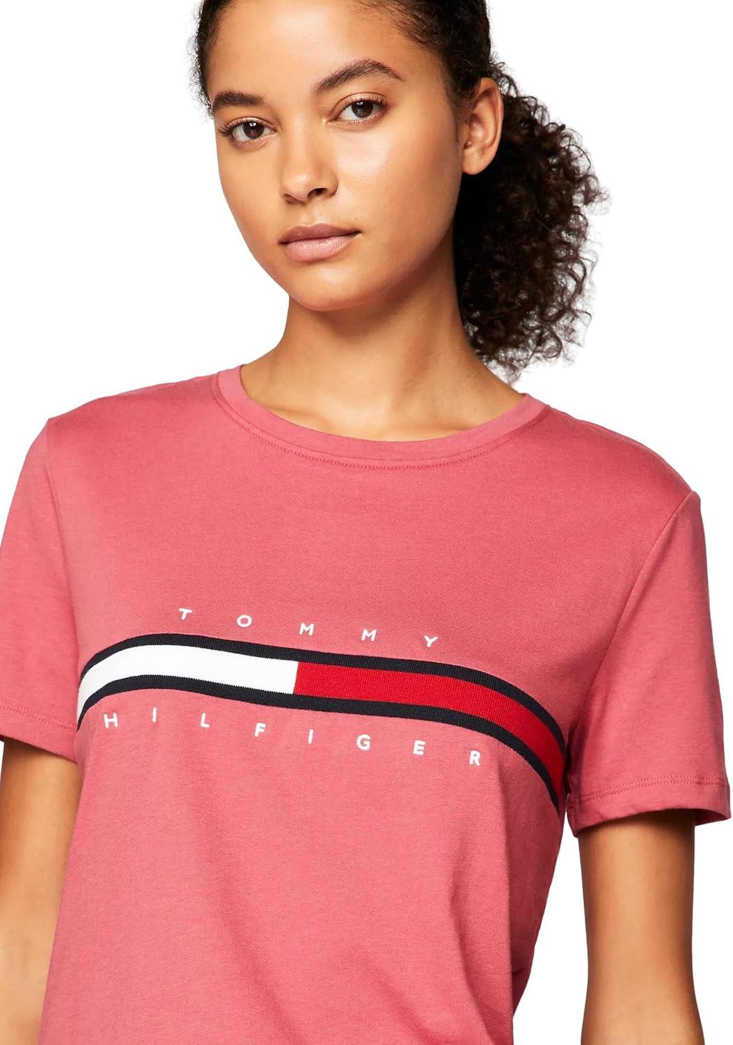 imageTommy Hilfiger Womens Striped Logo Graphic TShirtEmbroideredflag Light Crimson