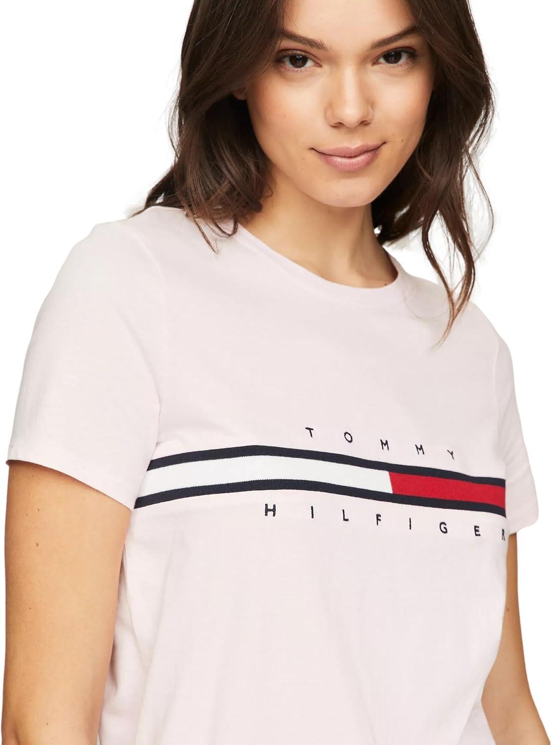 imageTommy Hilfiger Womens Striped Logo Graphic TShirtEmbroideredflag Light Pink