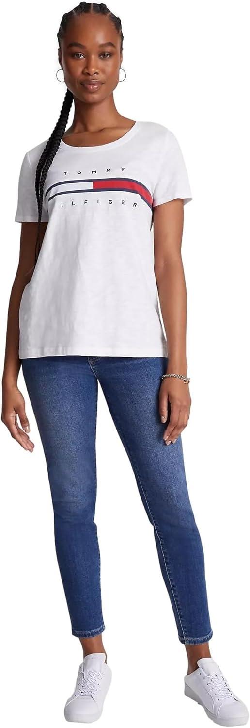 imageTommy Hilfiger Womens Striped Logo Graphic TShirtEmbroideredflag Optic White