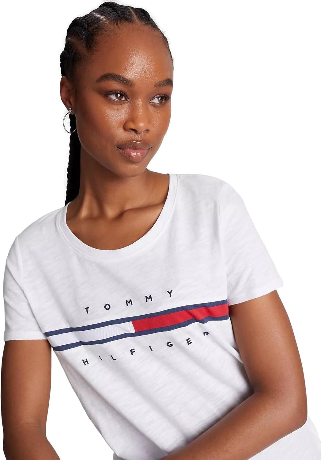 imageTommy Hilfiger Womens Striped Logo Graphic TShirtEmbroideredflag Optic White