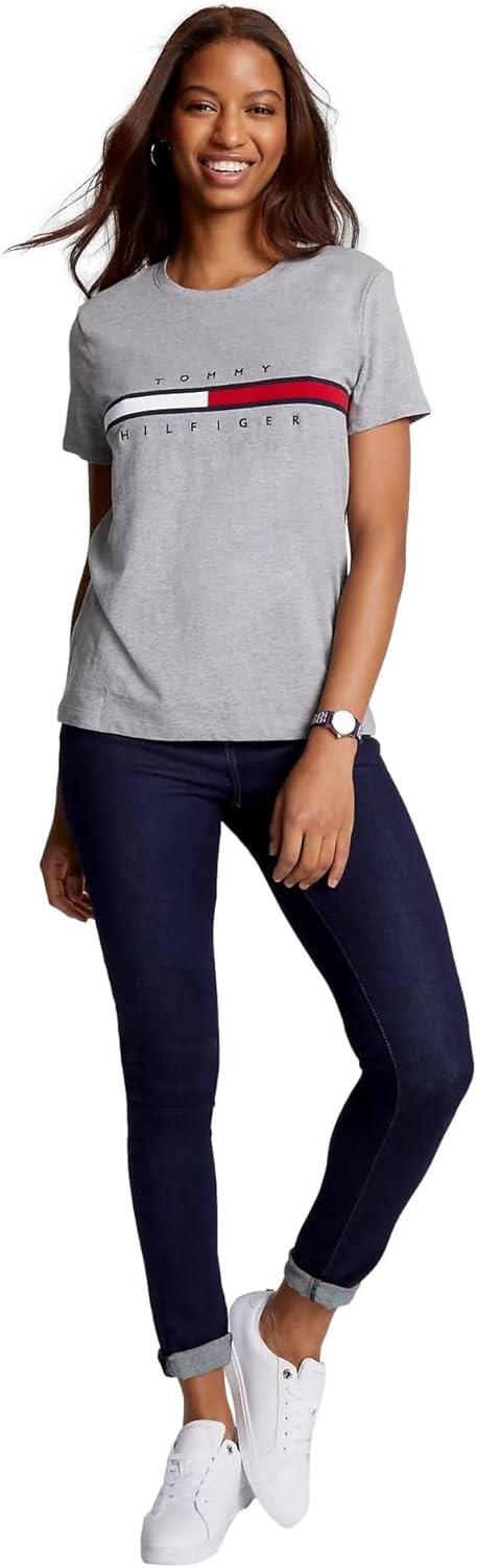imageTommy Hilfiger Womens Striped Logo Graphic TShirtEmbroideredflag Smoke Grey Heather