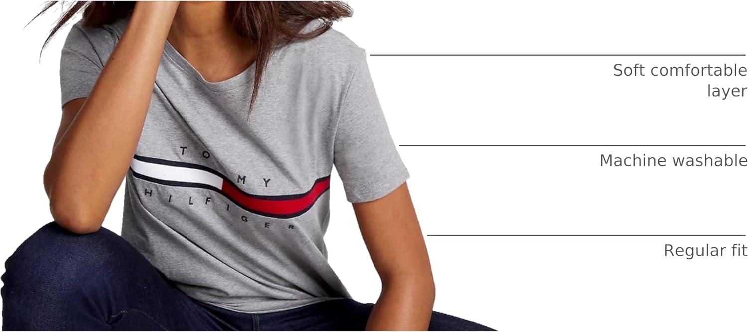 imageTommy Hilfiger Womens Striped Logo Graphic TShirtEmbroideredflag Smoke Grey Heather