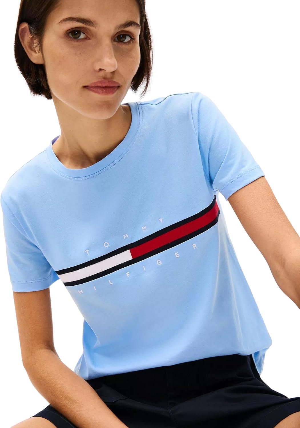 imageTommy Hilfiger Womens Striped Logo Graphic TShirtEmbroideredflag Vessel Blue