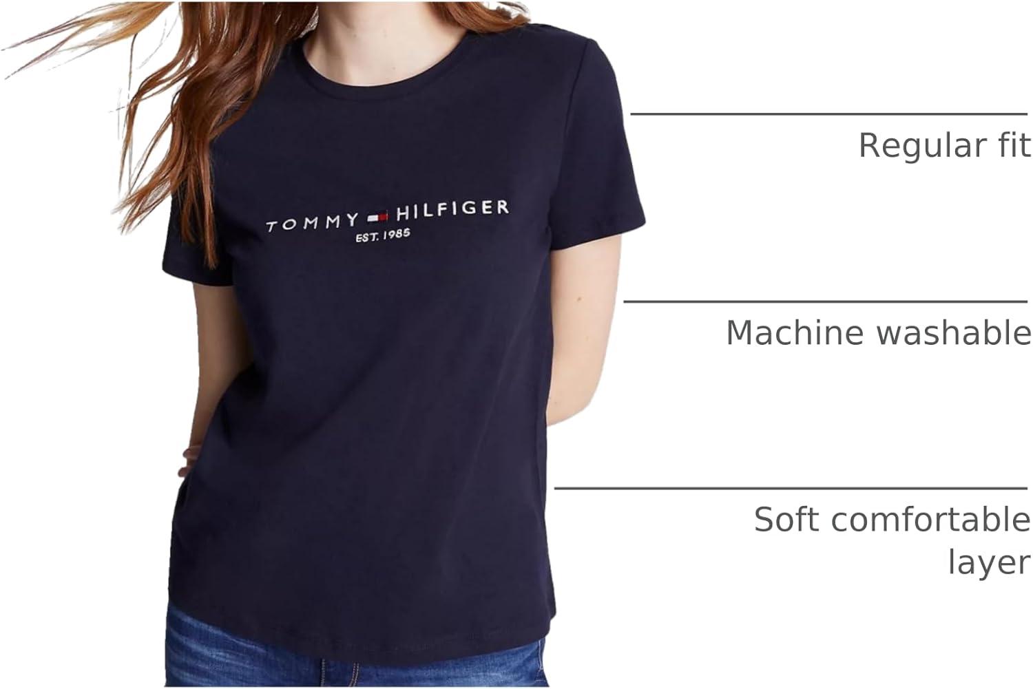 imageTommy Hilfiger Womens Striped Logo Graphic TShirtEmbroideredlogo Desert Sky Navy
