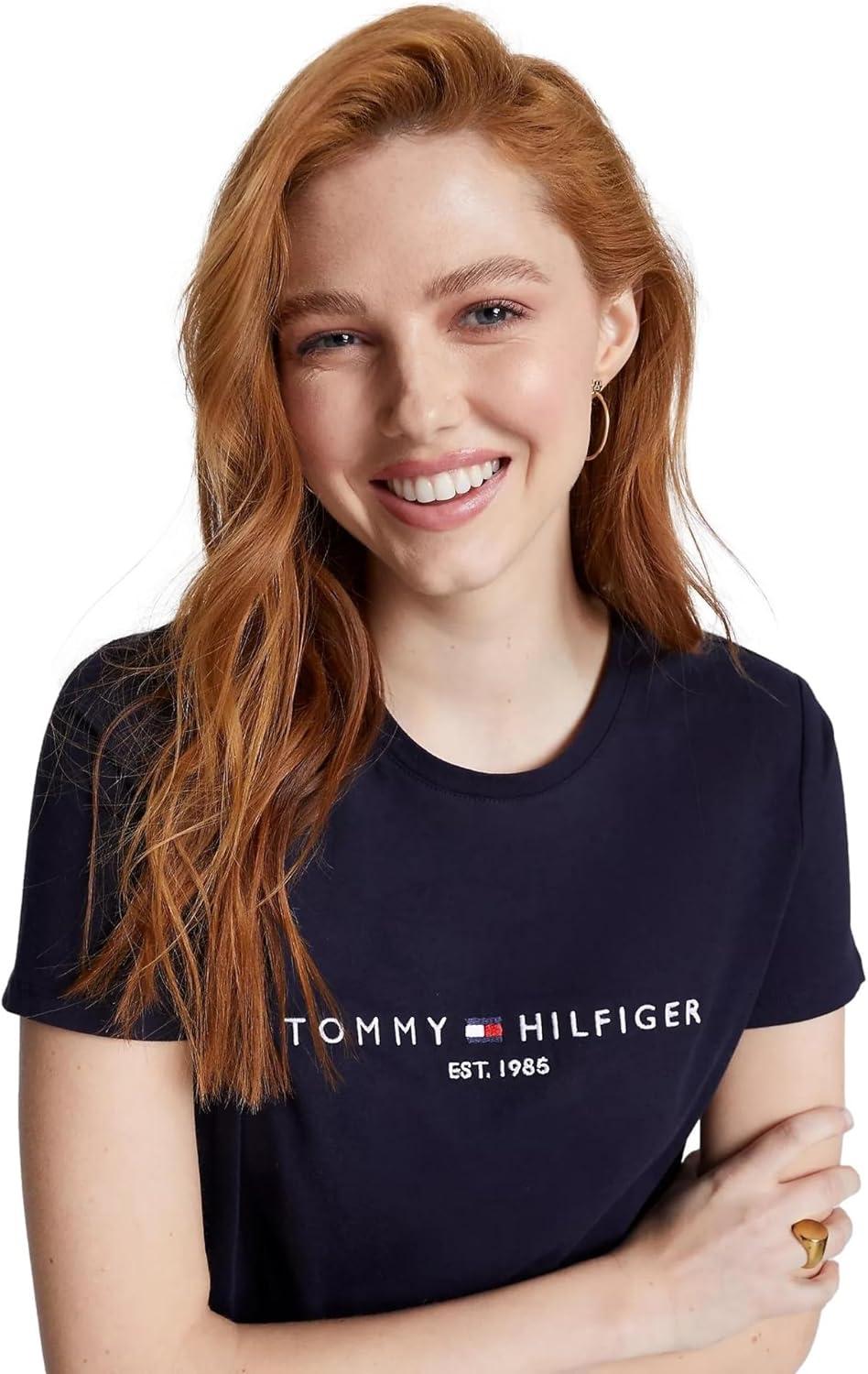 imageTommy Hilfiger Womens Striped Logo Graphic TShirtEmbroideredlogo Desert Sky Navy