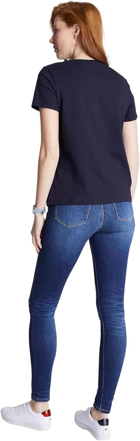imageTommy Hilfiger Womens Striped Logo Graphic TShirtEmbroideredlogo Desert Sky Navy