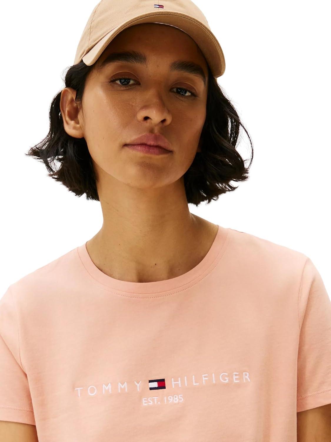 imageTommy Hilfiger Womens Striped Logo Graphic TShirtEmbroideredlogo Guava