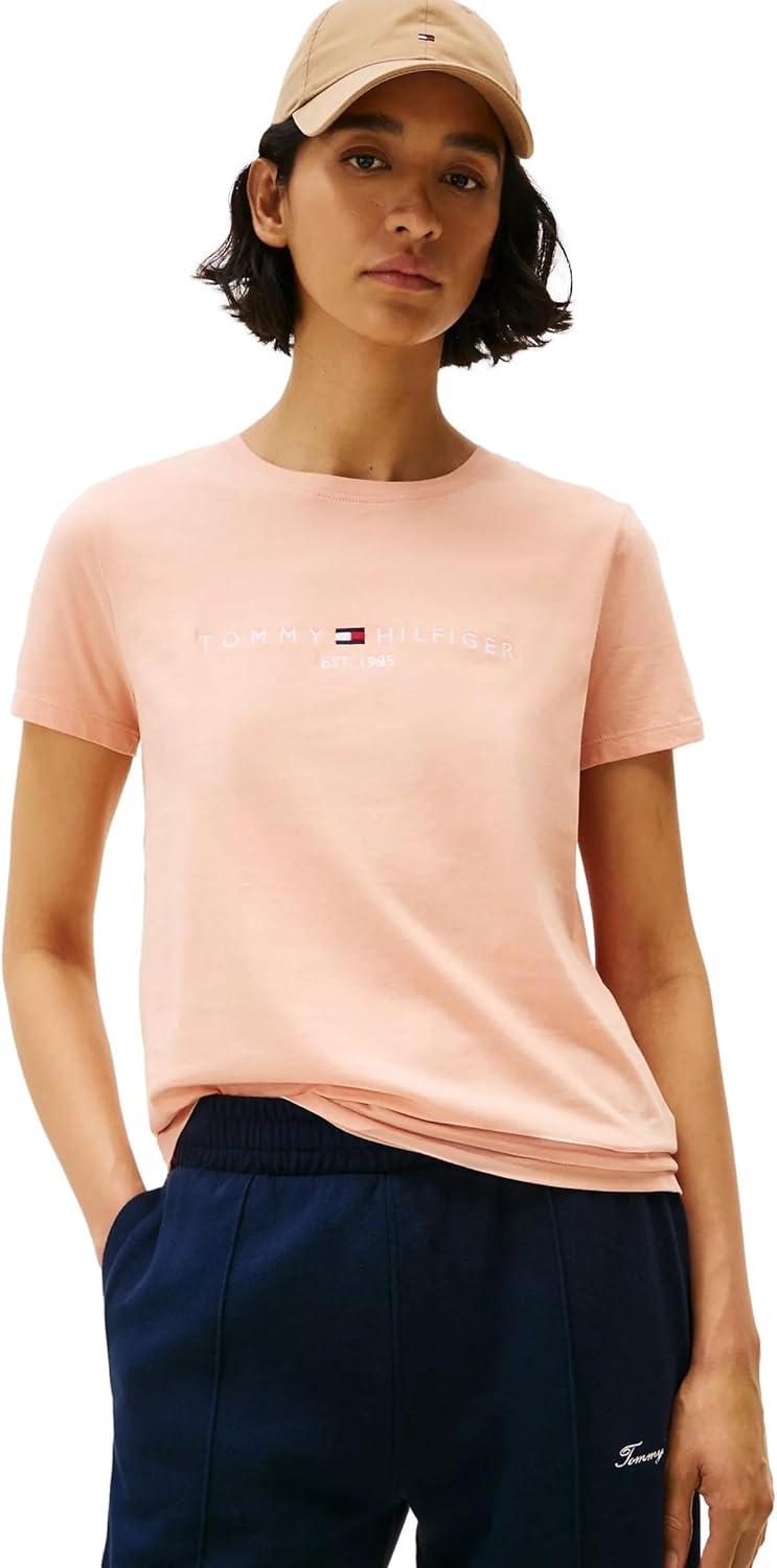 imageTommy Hilfiger Womens Striped Logo Graphic TShirtEmbroideredlogo Guava