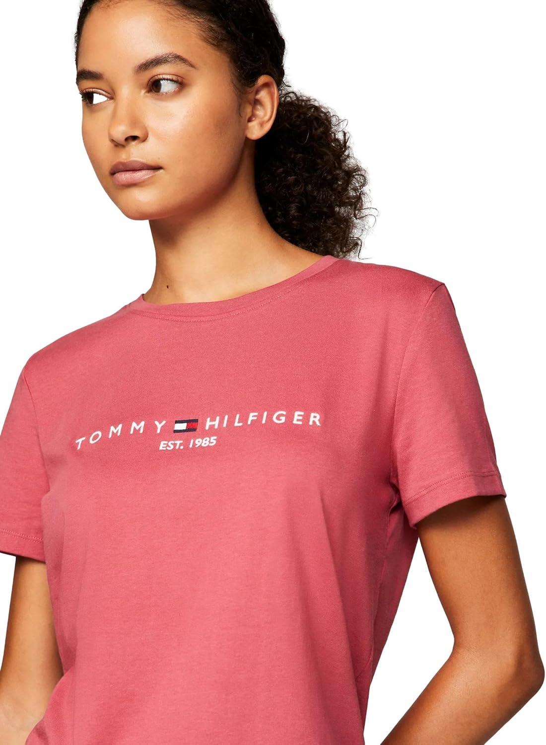 imageTommy Hilfiger Womens Striped Logo Graphic TShirtEmbroideredlogo Light Crimson
