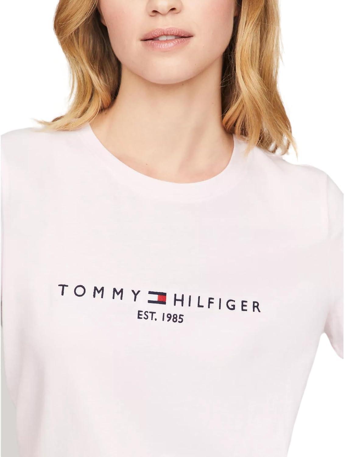 imageTommy Hilfiger Womens Striped Logo Graphic TShirtEmbroideredlogo Light Pink