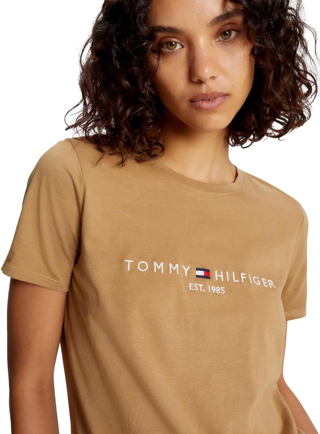 imageTommy Hilfiger Womens Striped Logo Graphic TShirtEmbroideredlogo Pinecone Tan