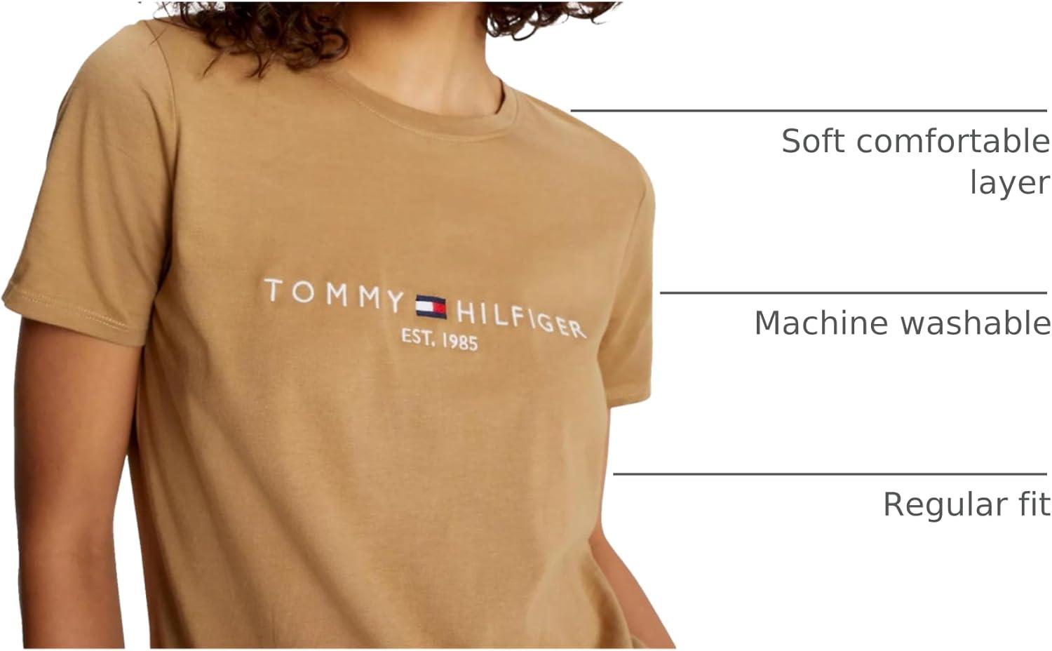 imageTommy Hilfiger Womens Striped Logo Graphic TShirtEmbroideredlogo Pinecone Tan