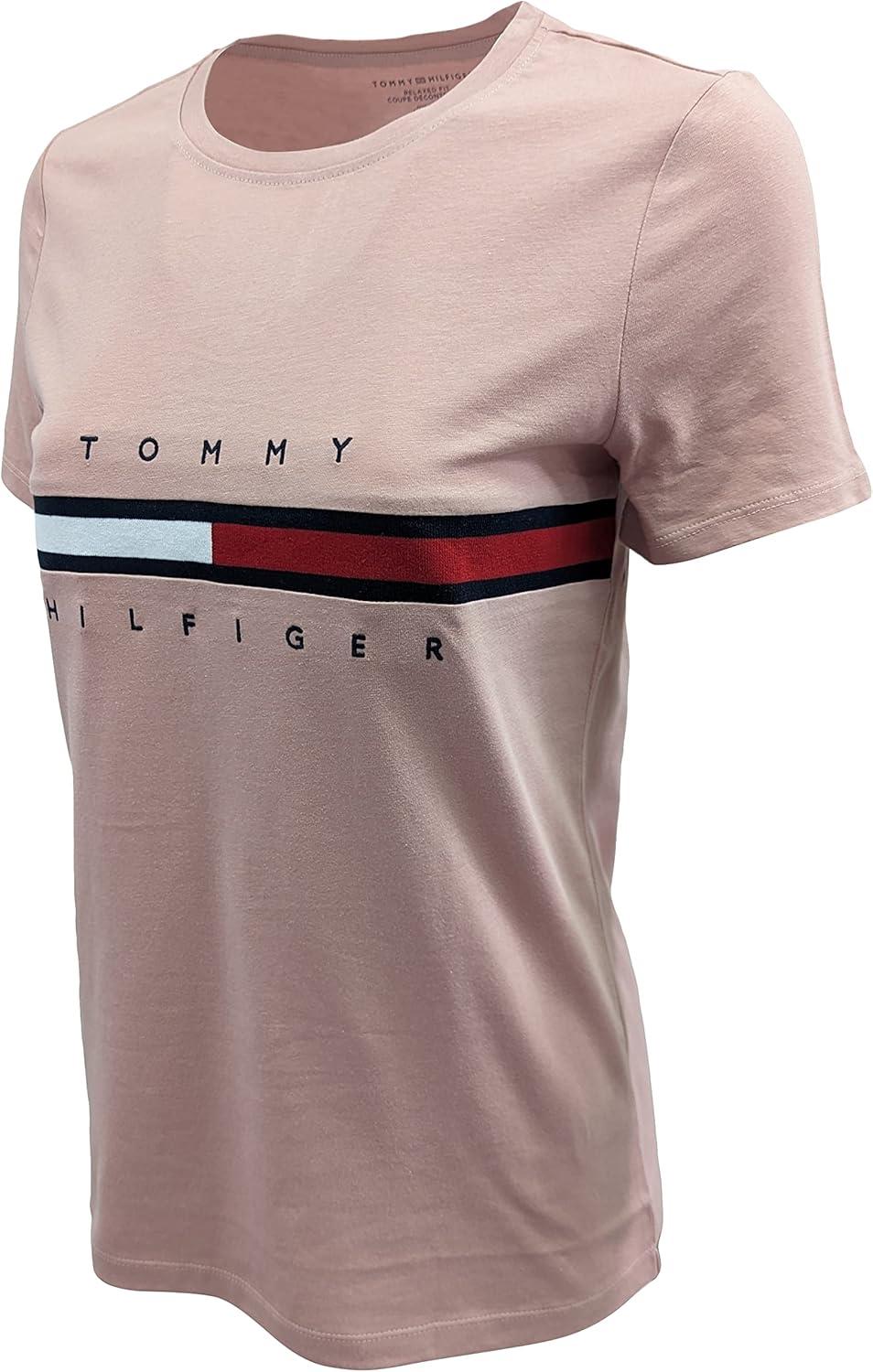 imageTommy Hilfiger Womens Striped Logo Graphic TShirtFlamingo Pink