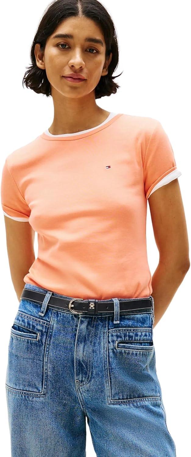 imageTommy Hilfiger Womens Striped Logo Graphic TShirtPeach Dusk