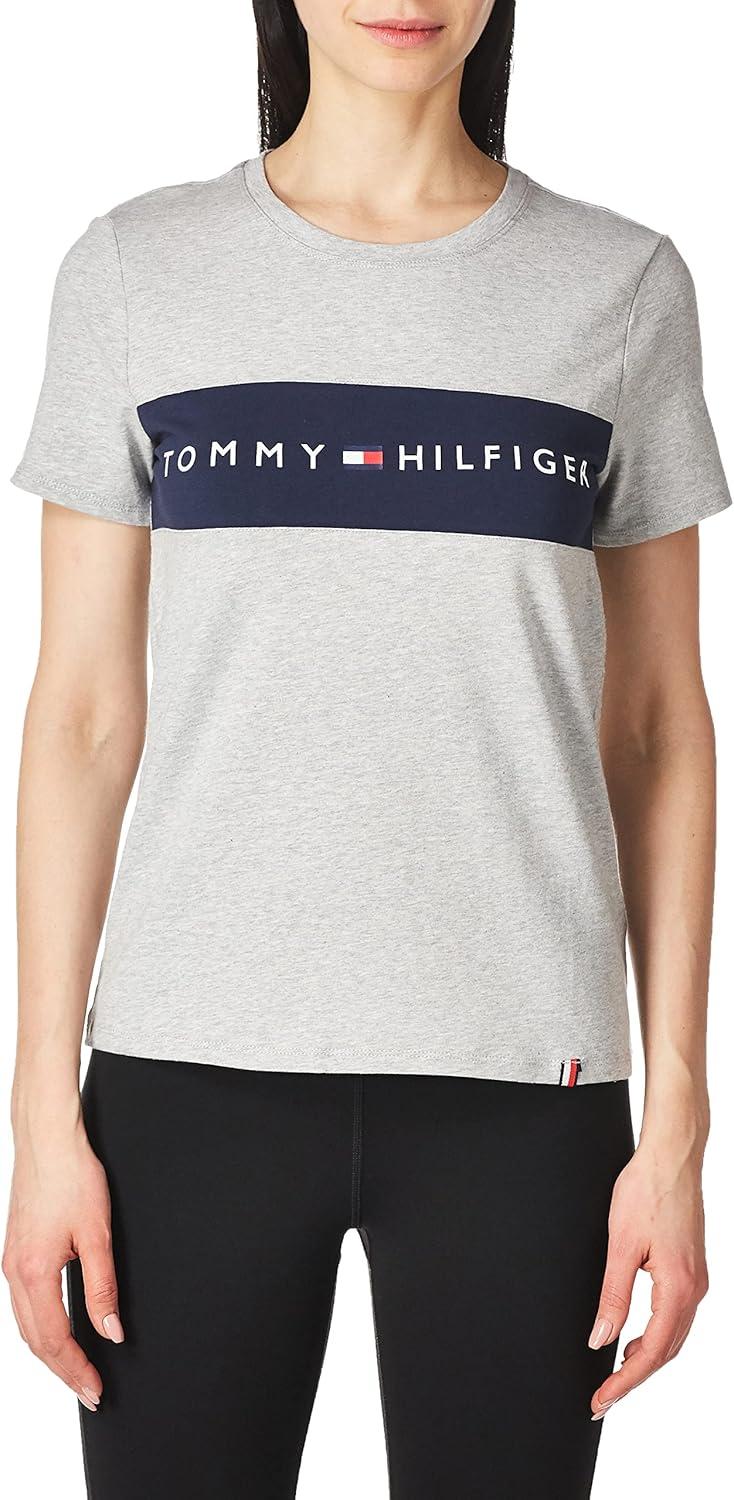 imageTommy Hilfiger Womens Striped Logo Graphic TShirtPearl Heather Grey