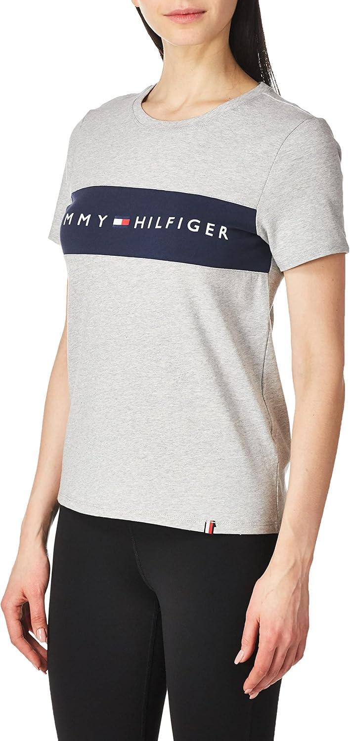 imageTommy Hilfiger Womens Striped Logo Graphic TShirtPearl Heather Grey