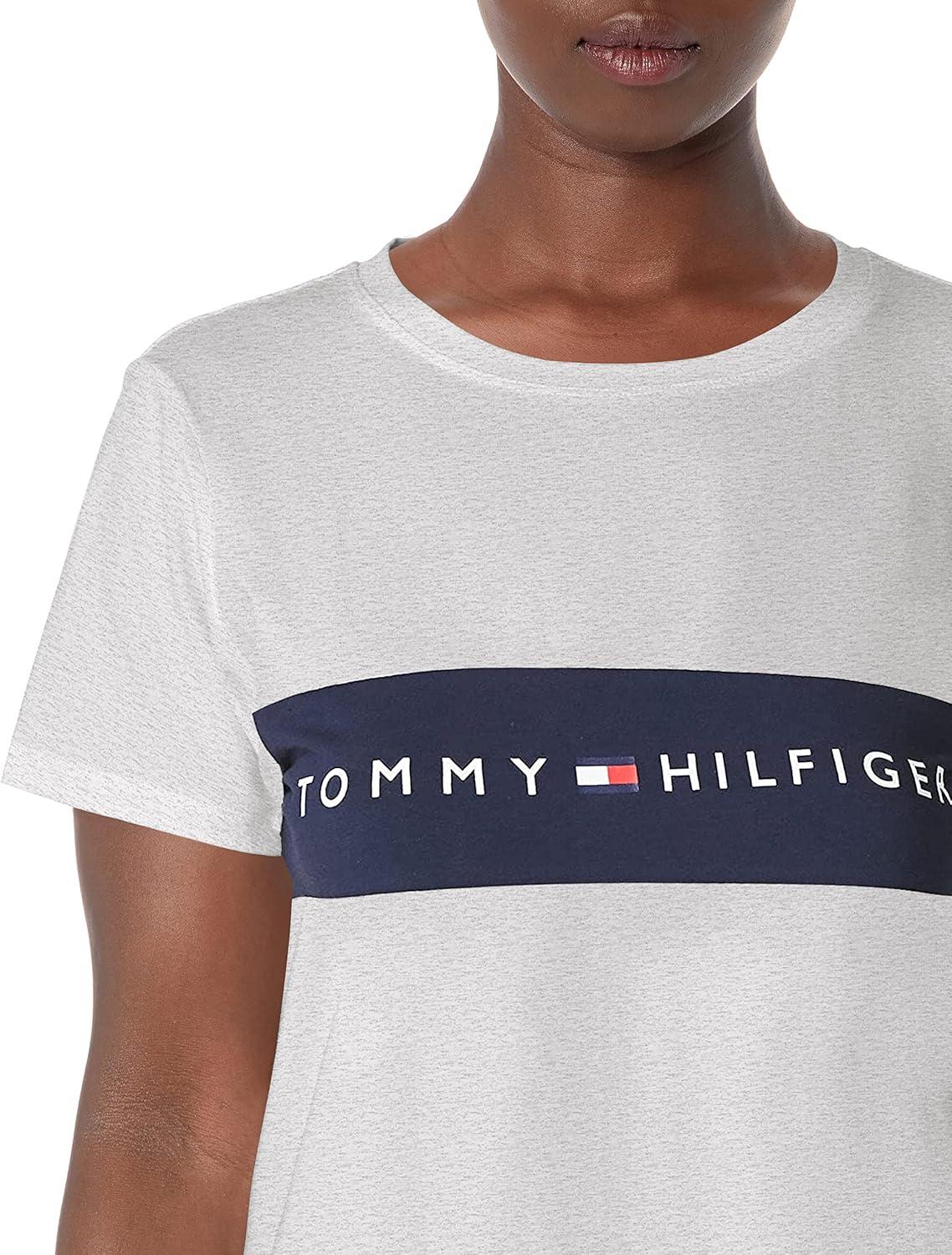 imageTommy Hilfiger Womens Striped Logo Graphic TShirtPearl Heather Grey