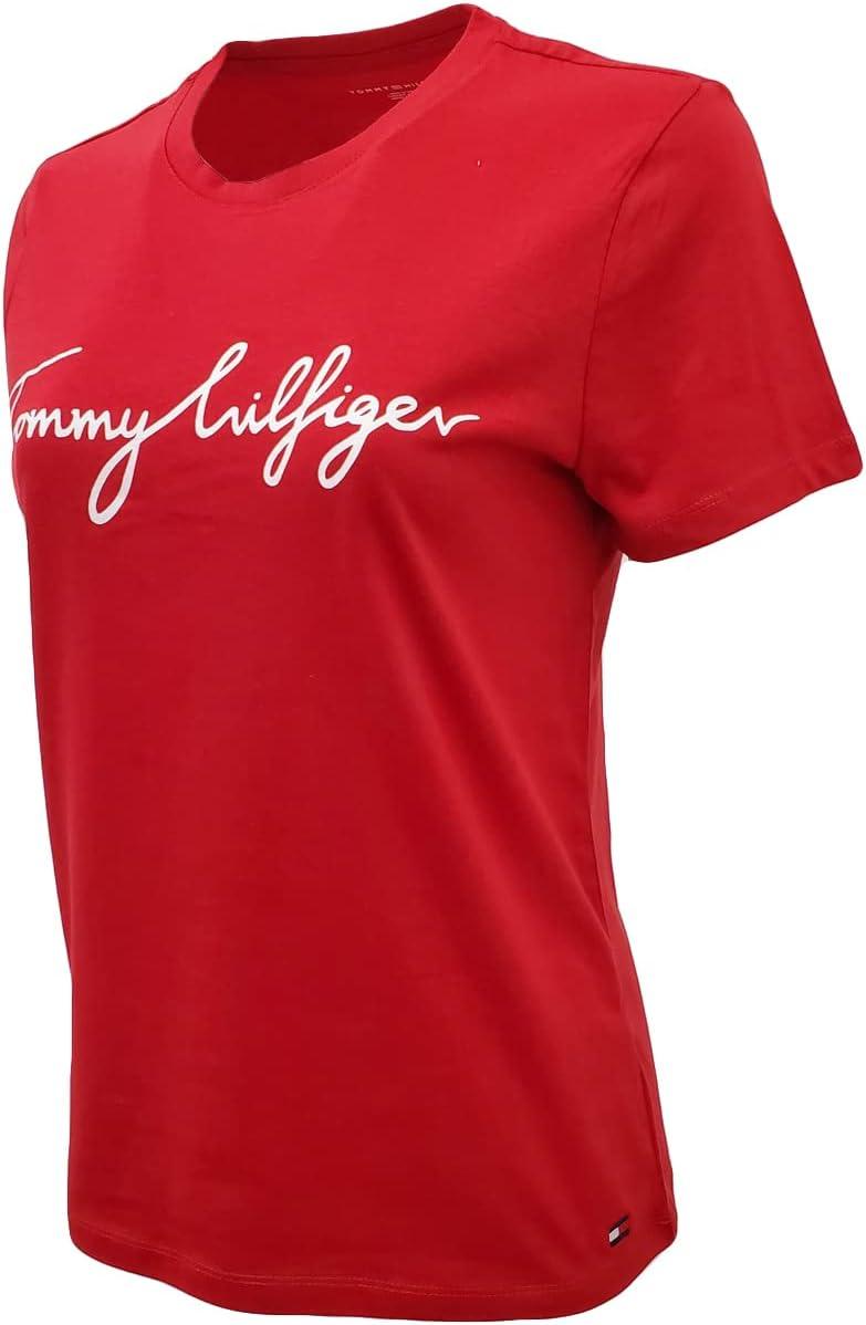 imageTommy Hilfiger Womens Striped Logo Graphic TShirtRed Script Logo