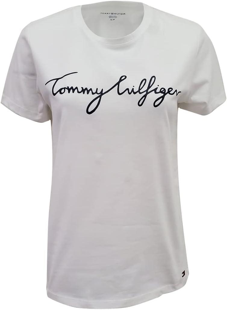 imageTommy Hilfiger Womens Striped Logo Graphic TShirtWhite Script Logo