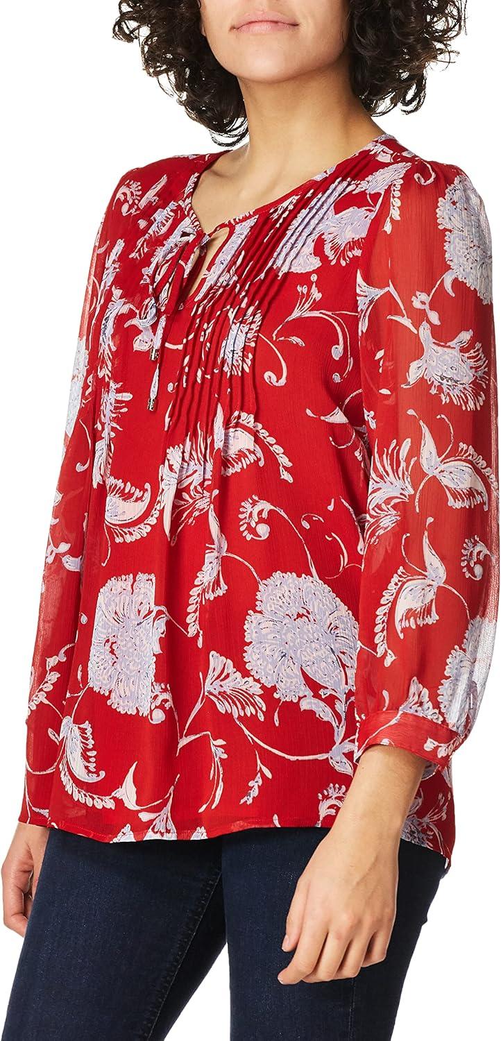 imageTommy Hilfiger Womens Tommy Hilfiger Womens Crinkle Pintuck BlouseScarlet Combo