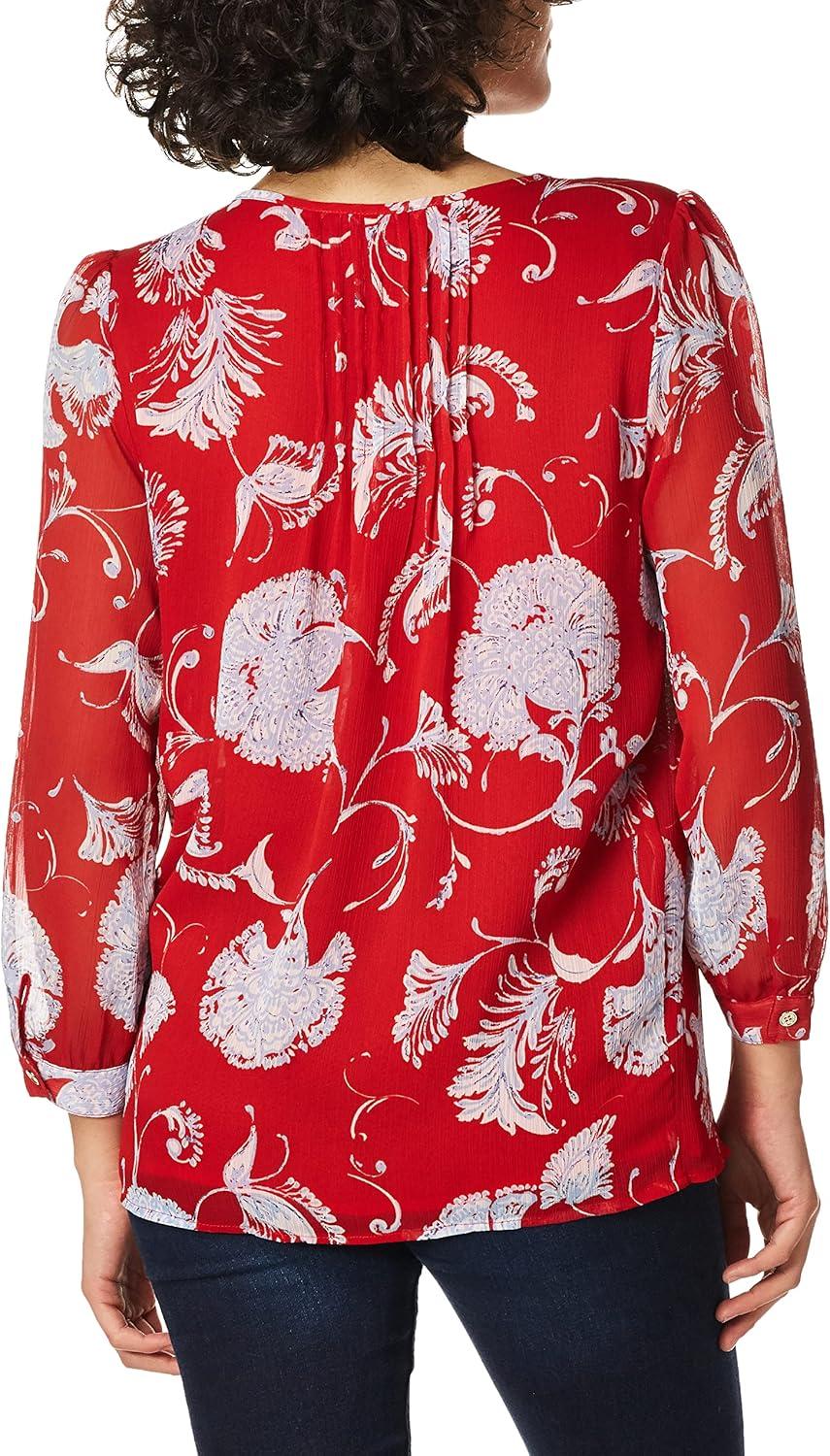 imageTommy Hilfiger Womens Tommy Hilfiger Womens Crinkle Pintuck BlouseScarlet Combo