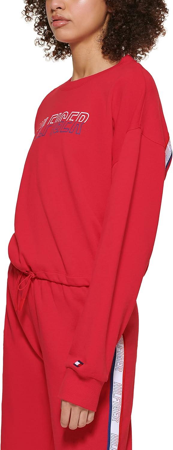 imageTommy Hilfiger Womens Two Tone Logo Crewneck Drawcord Hem SweatshirtScarlet