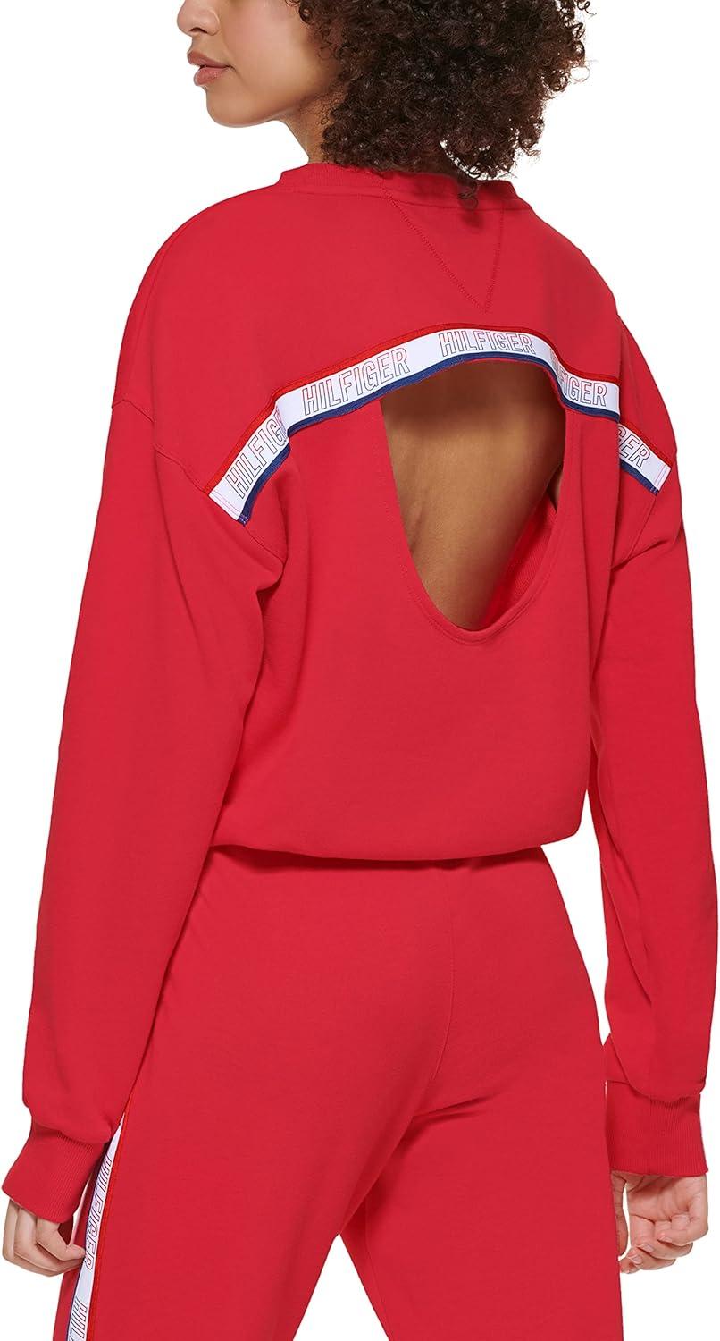 imageTommy Hilfiger Womens Two Tone Logo Crewneck Drawcord Hem SweatshirtScarlet