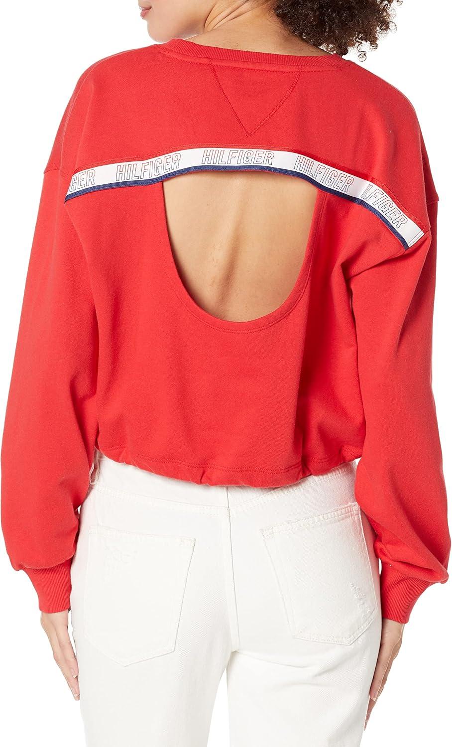 imageTommy Hilfiger Womens Two Tone Logo Crewneck Drawcord Hem SweatshirtScarlet