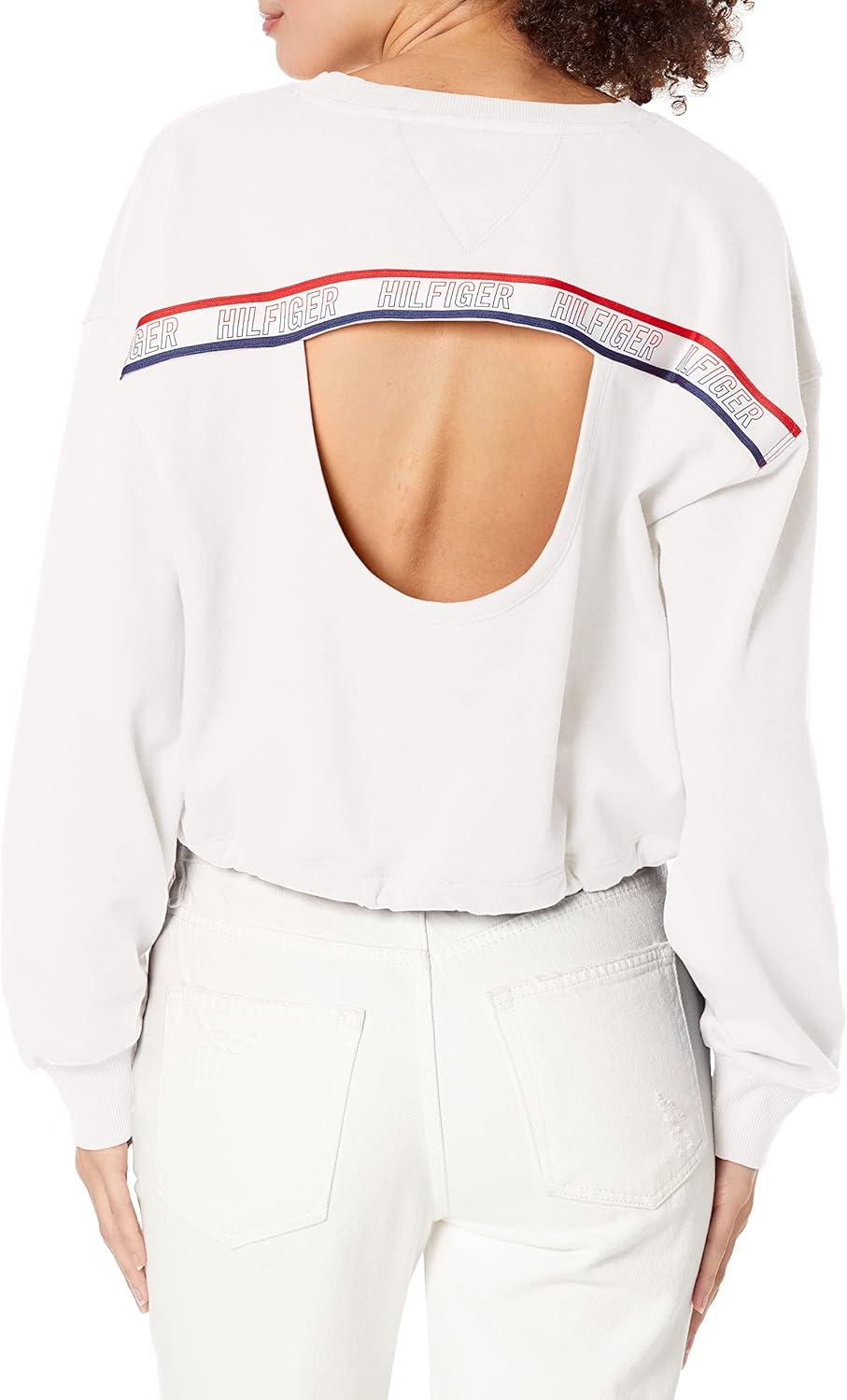 imageTommy Hilfiger Womens Two Tone Logo Crewneck Drawcord Hem SweatshirtWinter White