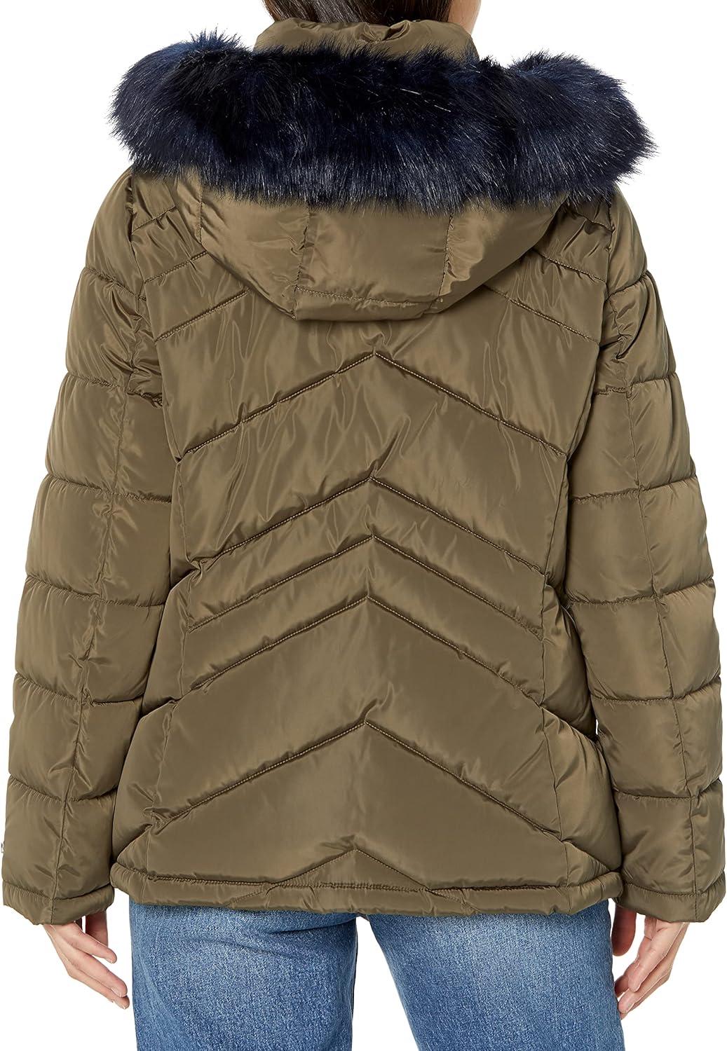 imageTommy Hilfiger womens Contrast Zipper Fur Hood Short Puffer JacketChevron Juniper