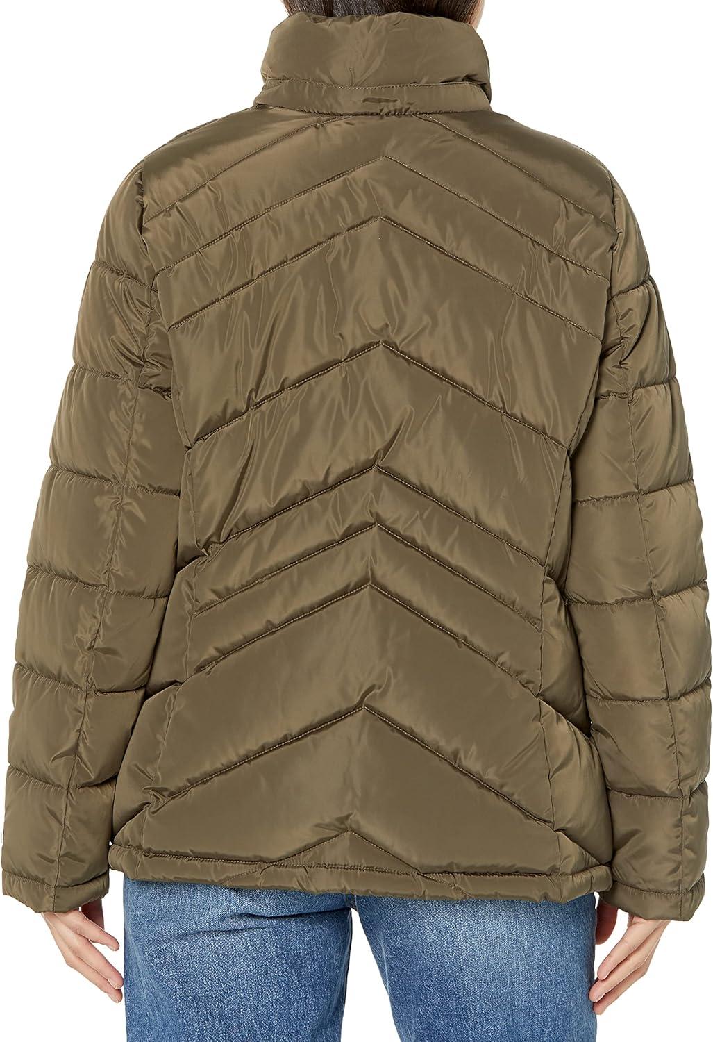 imageTommy Hilfiger womens Contrast Zipper Fur Hood Short Puffer JacketChevron Juniper