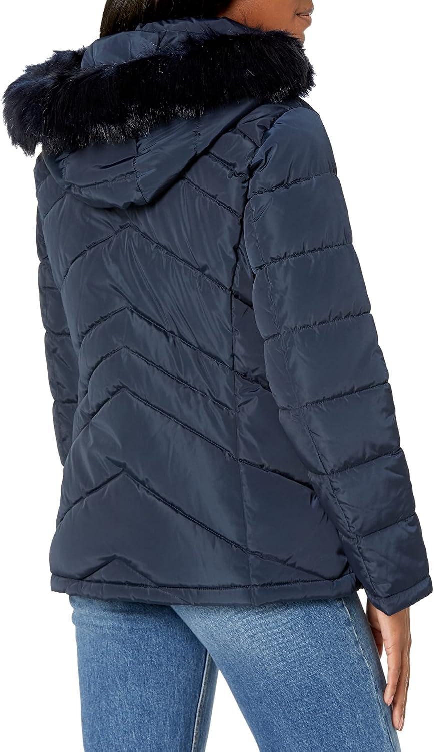 imageTommy Hilfiger womens Contrast Zipper Fur Hood Short Puffer JacketNavy