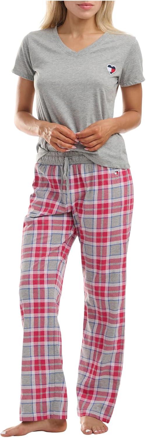imageTommy Hilfiger womens Womens Top and Logo Pant Lounge Bottom Pj Pajama Set Allover Tommy W Flag Large USHeather Grey City Prep Plaid Heather Grey
