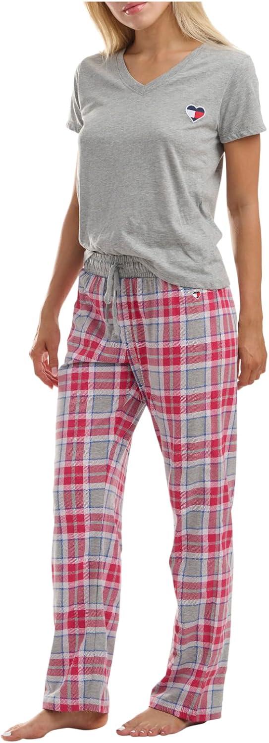 imageTommy Hilfiger womens Womens Top and Logo Pant Lounge Bottom Pj Pajama Set Allover Tommy W Flag Large USHeather Grey City Prep Plaid Heather Grey