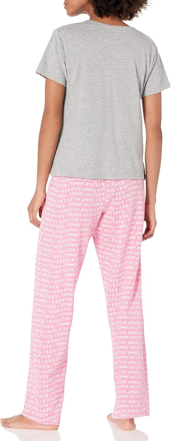 imageTommy Hilfiger womens Womens Top and Logo Pant Lounge Bottom Pj Pajama Set Allover Tommy W Flag Large USLight Heather Grey