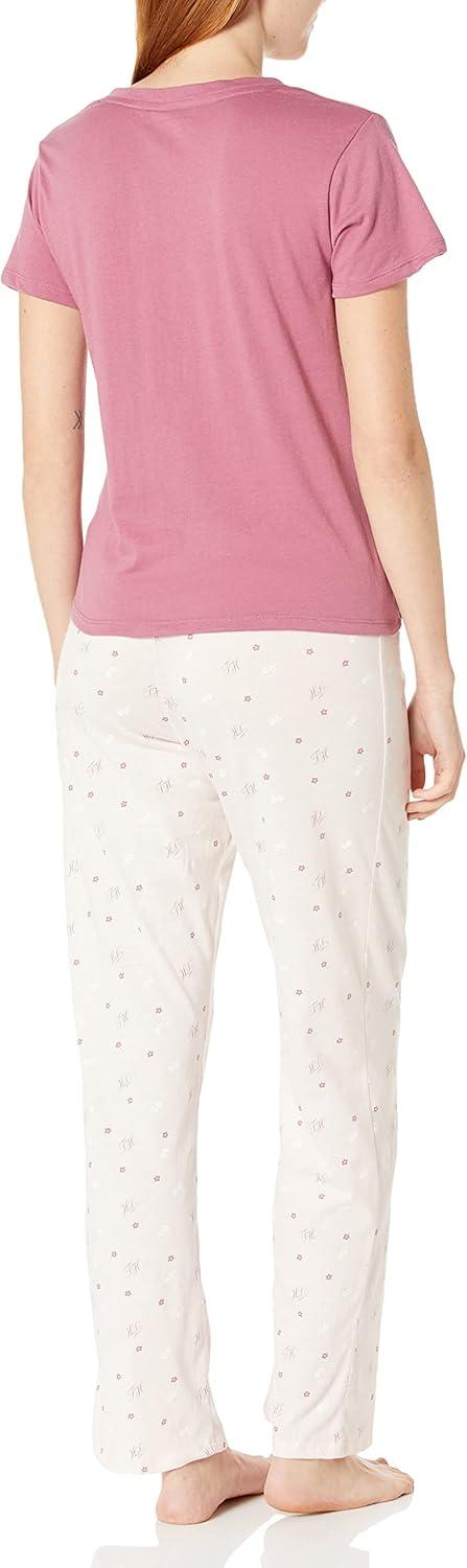 imageTommy Hilfiger womens Womens Top and Logo Pant Lounge Bottom Pj Pajama Set Allover Tommy W Flag Large USMetro Mauve Script Th and Florals Pastal Pink