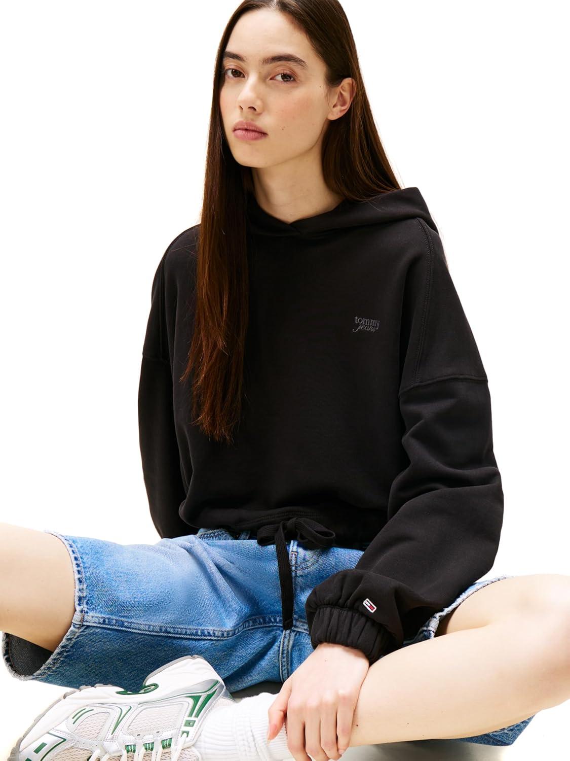 imageTommy Jeans Womens Medium Weight Cropped Hoodies With Front Tie DetailBlack