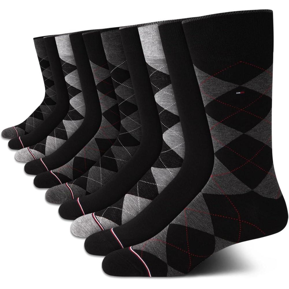 imageTommy Hilfiger Mens Casual Soft Cotton Blend Crew Socks 10 PackBlack Argyle